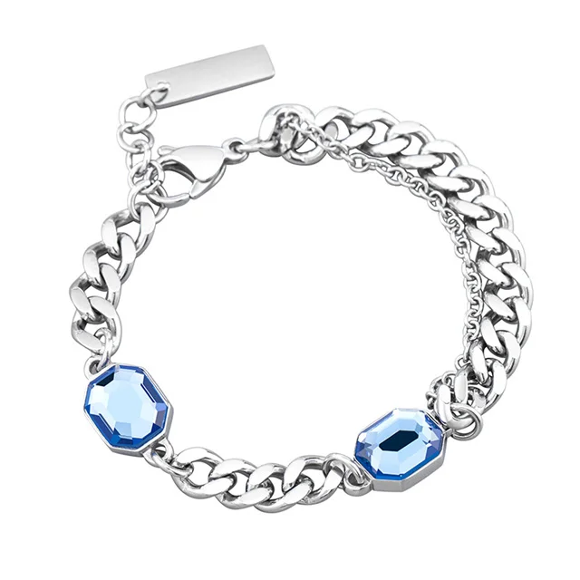 

Creative Stainless Steel Stacked Strap Splicing Thickness Chain Blue Black Crystal Bracelet