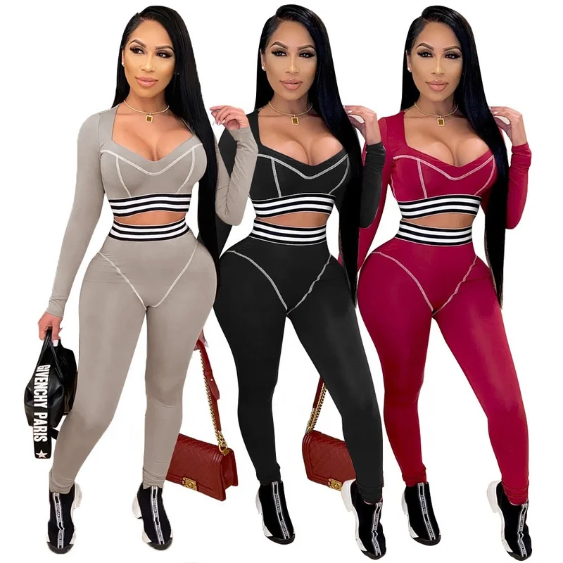 

A6616 Zoom Life Square Neck Long Sleeve Crop Tops High Waisted Leggings Solid Color Women Fitness 2021 2 Pieces Set Tracksuit