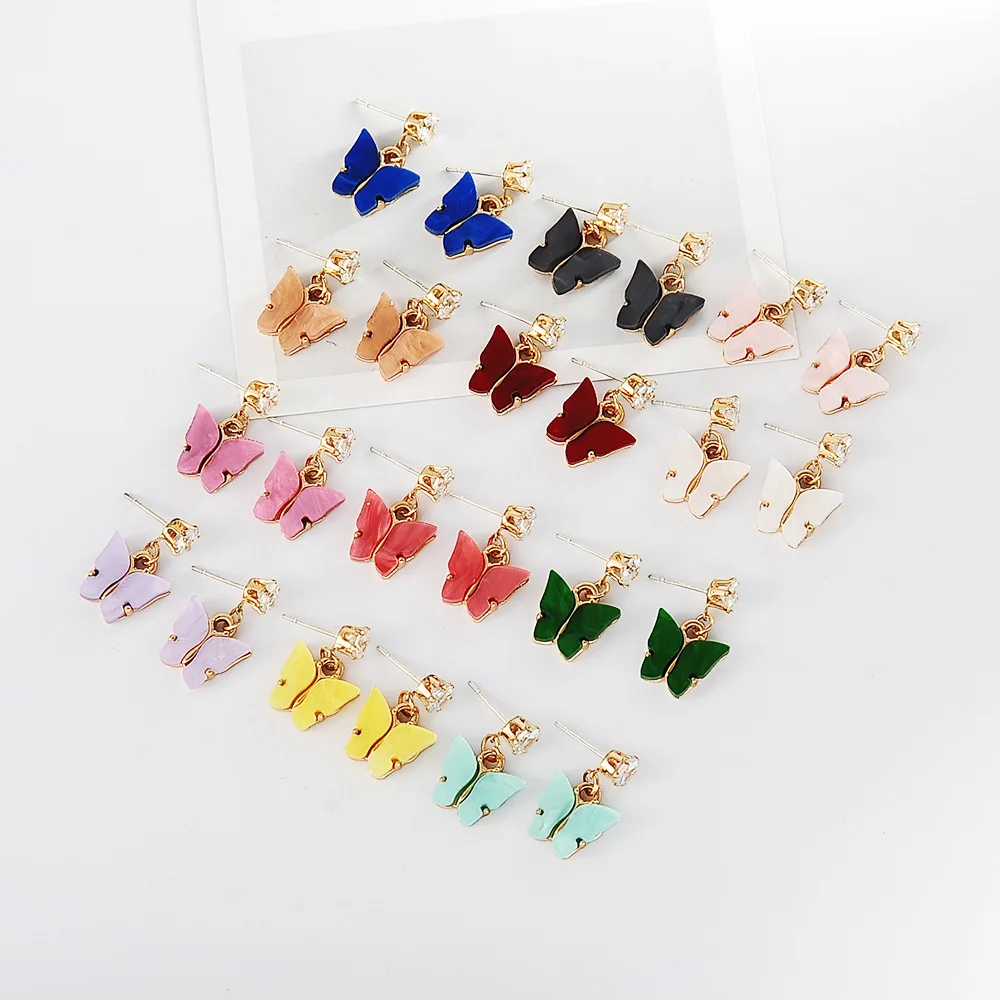 

Wholesale Korean Zircon Acrylic Butterfly Pendant Earrings Small Glitter Butterfly Crystal Earrings For Women Girl