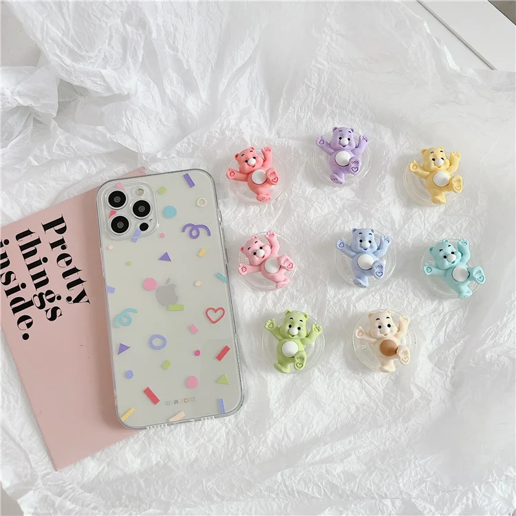 

Cute Clear Cartoon Bear Soft TPU Case+Bracket for iPhone 12 Pro Max 11 X XS XR 7 8 plus SE Colorful Anti-Fall Phone Cover