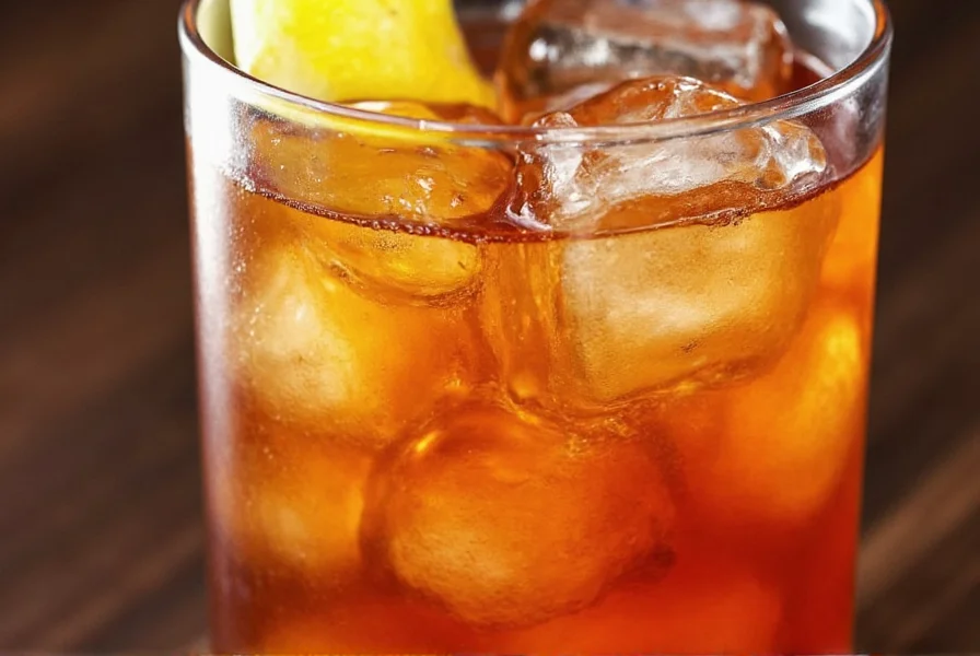 Close-up of a highball glass containing amber-colored whiskey and Dr Pepper mixture with ice cubes and a lemon wedge garnish