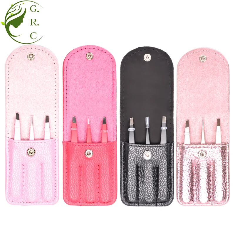 

Hot Sale Custom Logo Stainless Steel 3pcs Eyebrow Mini Slant Tweezers Eyebrow Hair Remover Lash Sets With PU Pouch, Black, sliver, rose red, rose gloden, pink