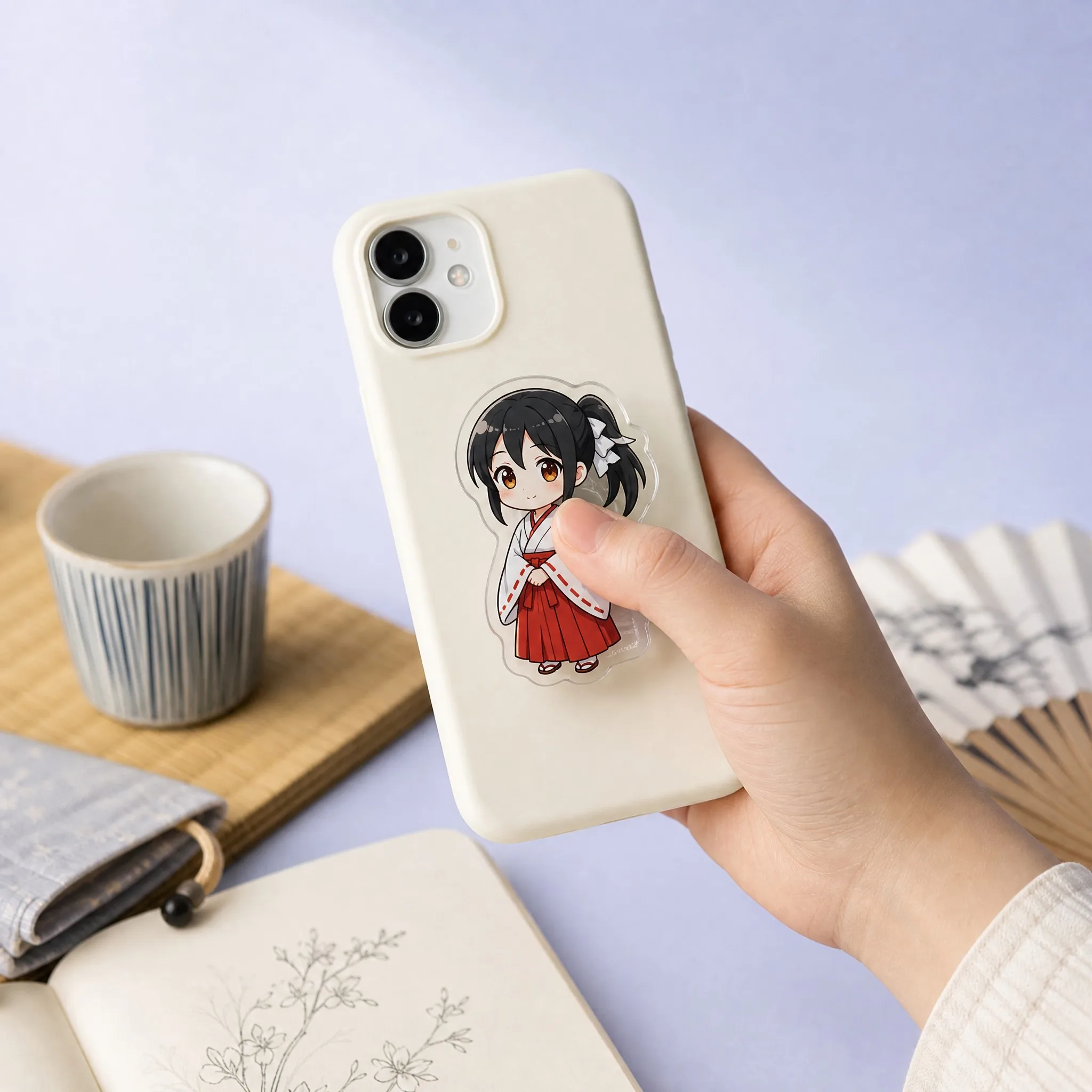 Real Lifestyle In-Hand Hold of Chibi Anime Acrylic Phone Grip on White Smartphone Case
