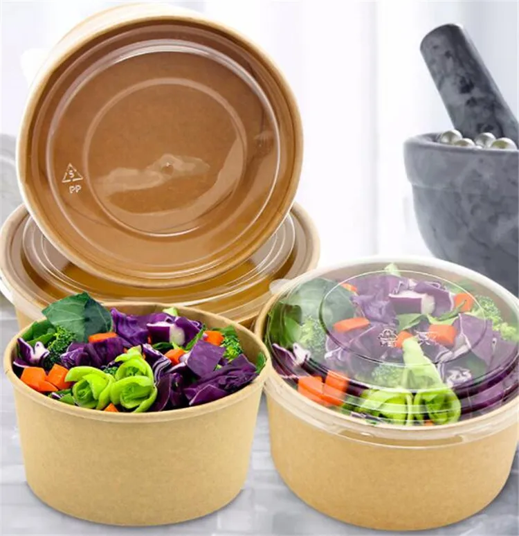 

Disposable Kraft Paper Salad Bowl with Transparent Clear PET Lid Personalized
