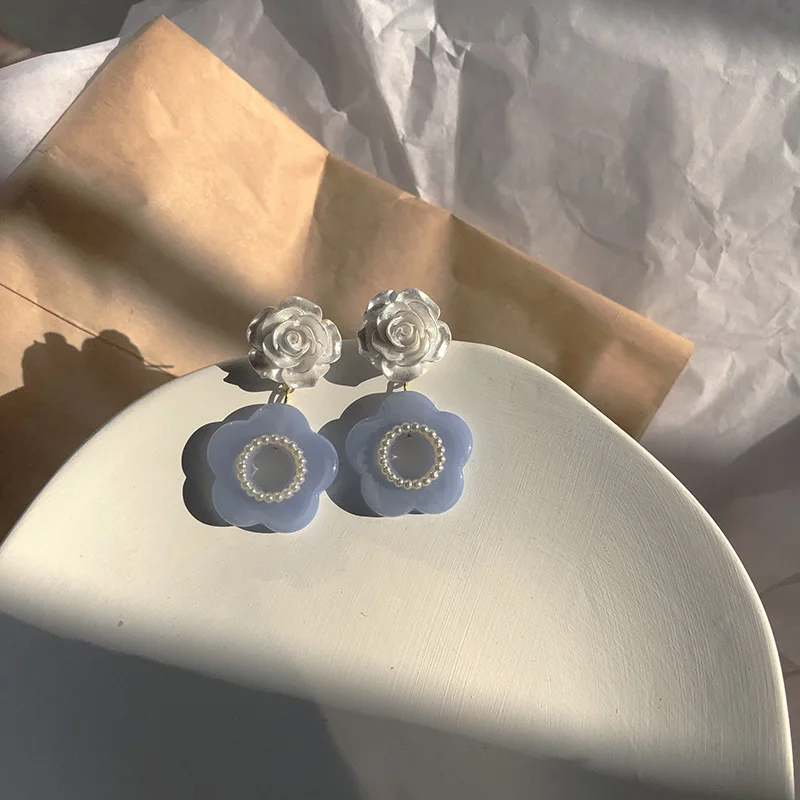 

JUHU Blue Floral Earrings 925 Silver Needle Earrings Girl Fresh Resin Retro Earrings