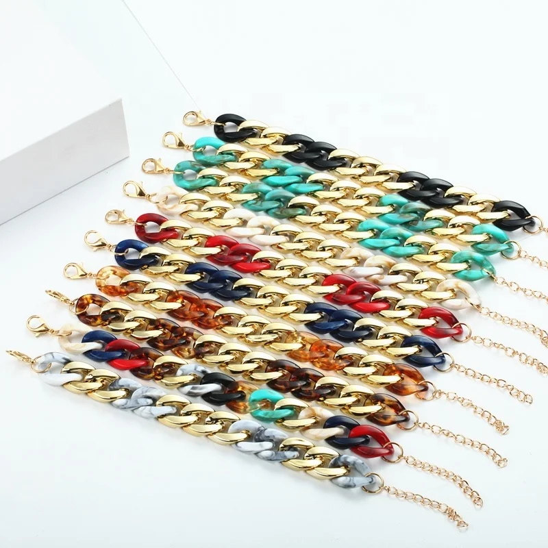 

Hot Sales Fashion Geometric Mixed Colorful Leopard Acrylic Chunky Cuban Link Chain Bracelet For Women Jewelry Wholesale