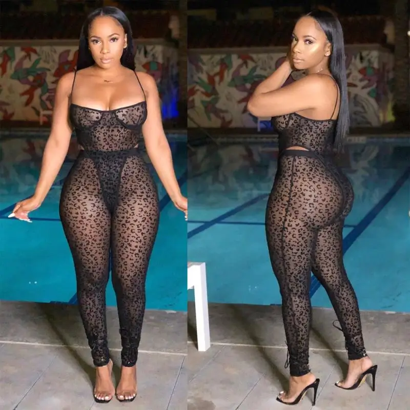 

Hot Selling Black Sexy Two Piece Sets Women Jumpsuit Plus Size Erotic Mesh Leopard Perspective Jumpsuit for Night Club