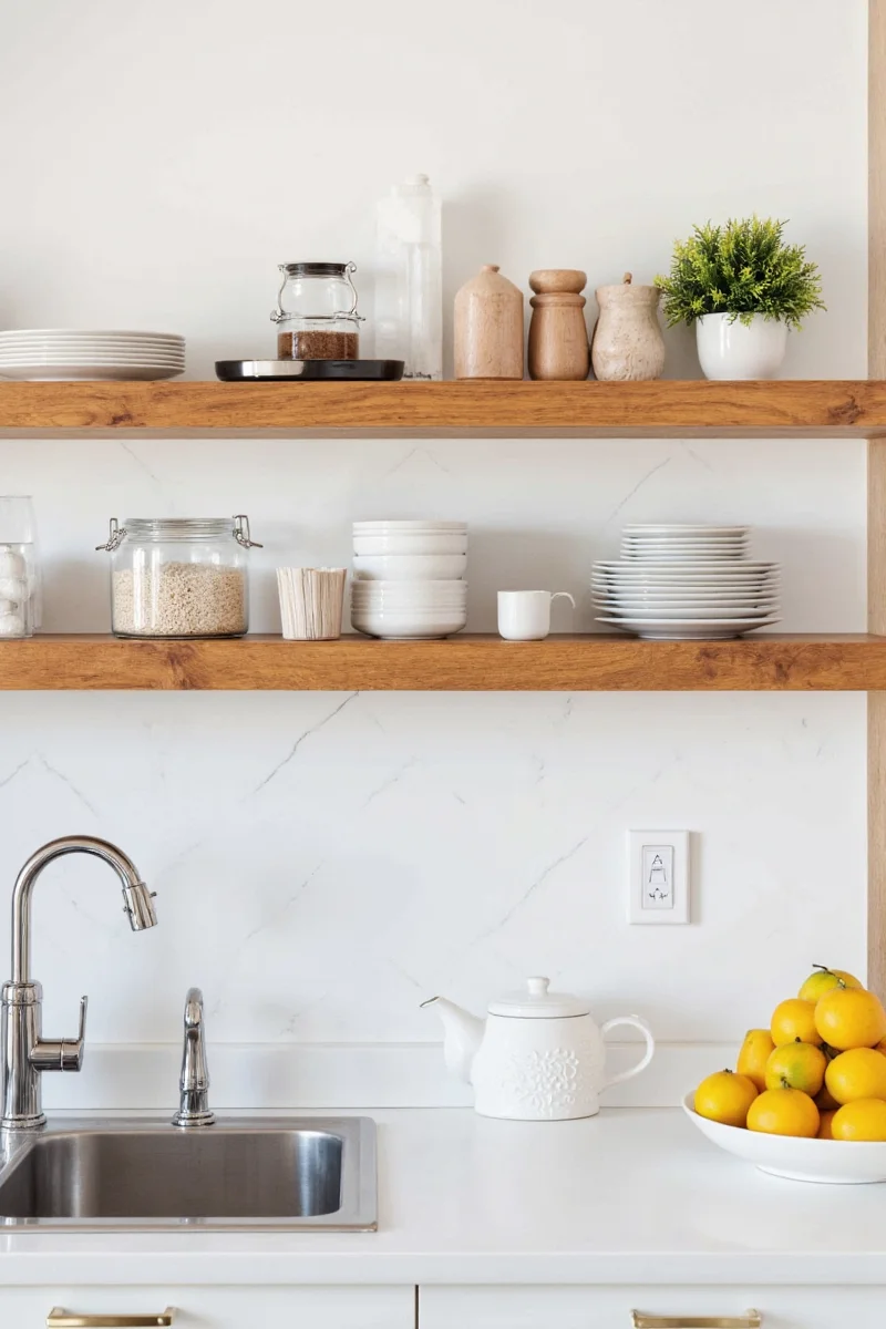 Tiered wood shelves filled with healthy snacks and school supplies