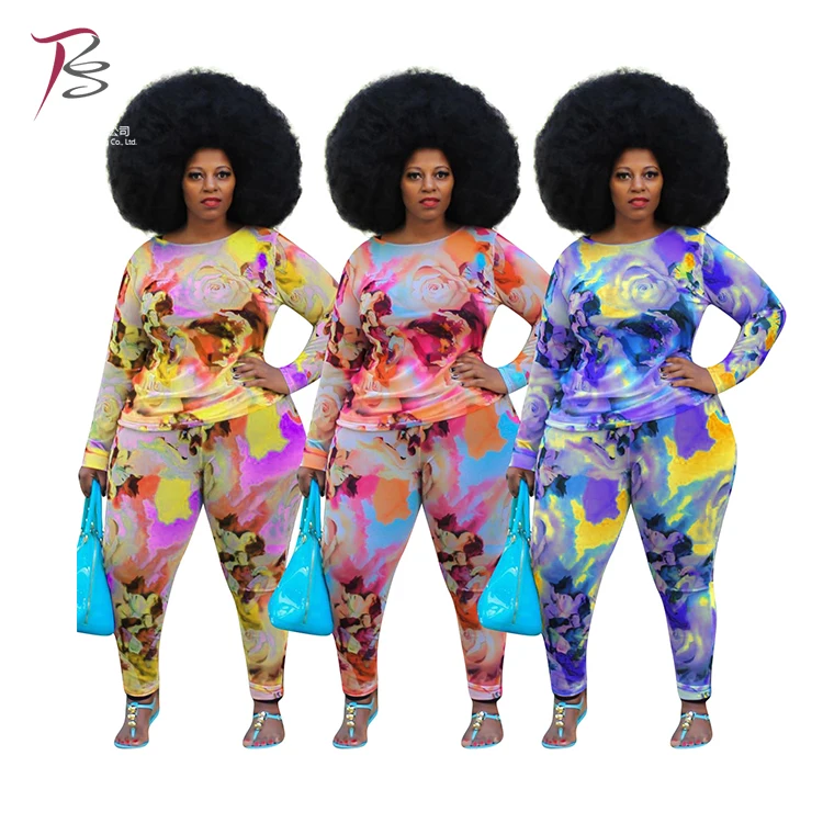 

Fashion plus size women's color printing large size long sleeve two-piece set plus size, 3 colors