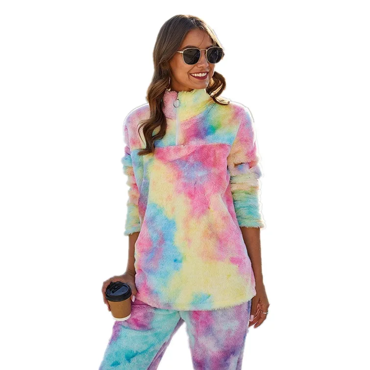 

Women'S Rainbow Color Plush Coat Gradient Color Plush Zippers Half Zip Sweater Women Turtleneck Velvet Tie Dye Two Piece Set