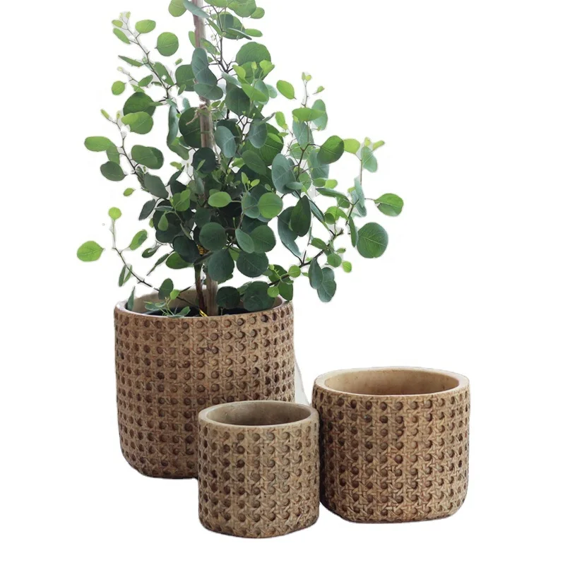 

Antique classic traditional chinese bamboo weaving design cement flower pot for home decor, Brown