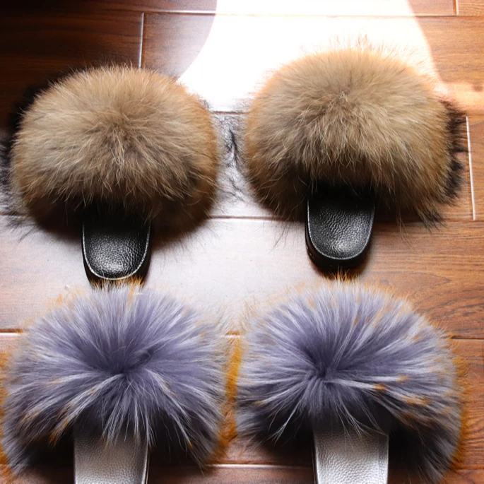 

Wholesale Price REAL PLUS BIG 100% FUR PVC/EVA fluffy flush soft fox raccoon fur outdoor sandals slides for women's slippers, As picture show or customized