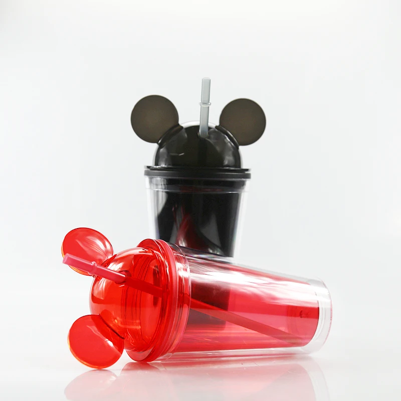 

Warehouse In USA In Stock 450 ml Double Wall BPA FREE Acrylic Plastic Mickey Mouse Cup Water Mug Mouse Ears Tumbler With Straw, Transparent/red/black
