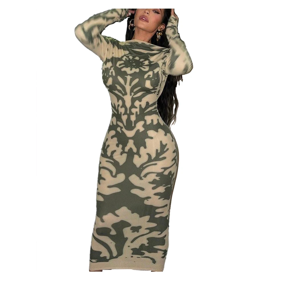 

6120 Fashion outfit europe trendy camo print army green knee length dress summerBackless sexy Maxi dress casual dress, Picture color