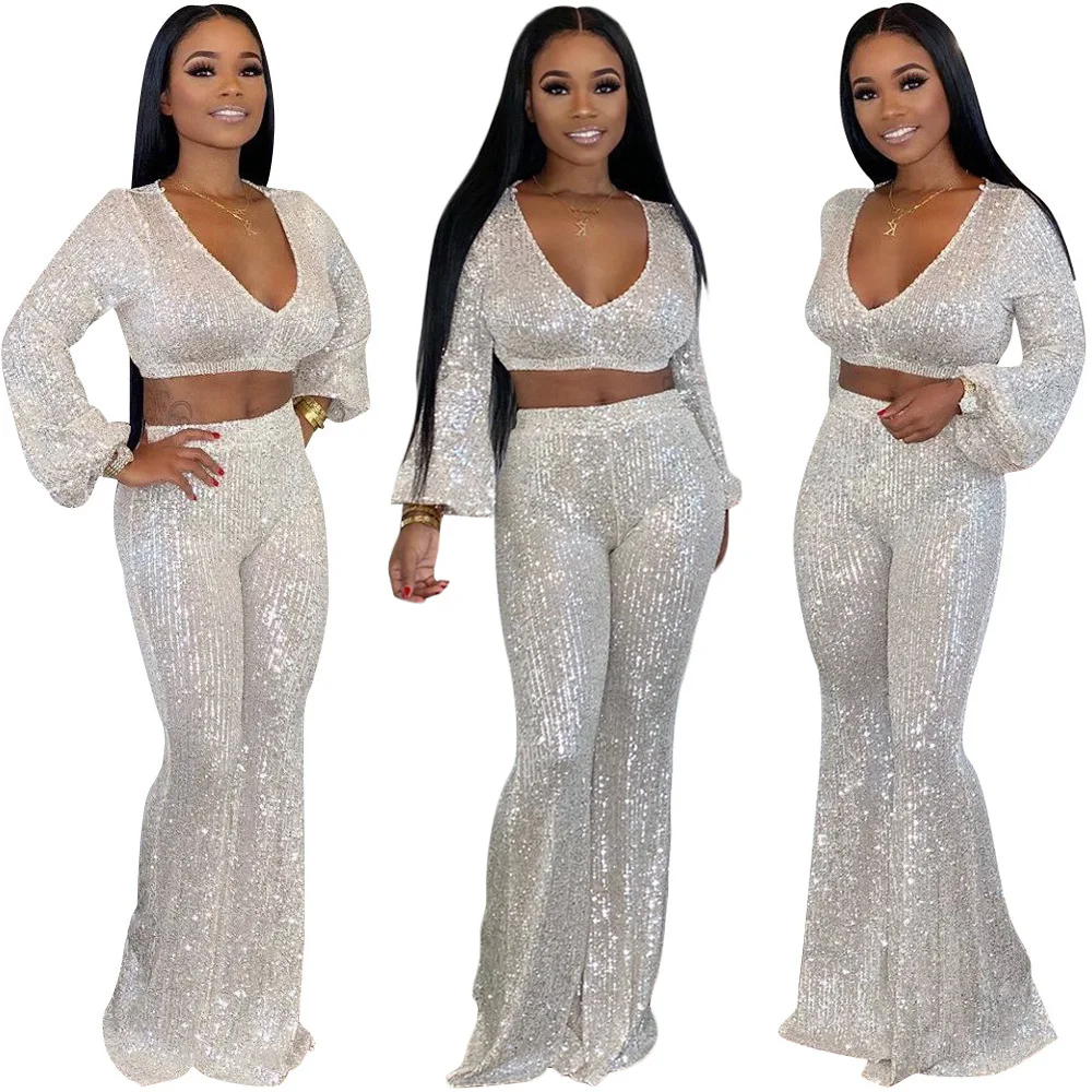 

customizable luxury 2 pc hot selling long sleeve new casual sport sequin two piece flare pants set women