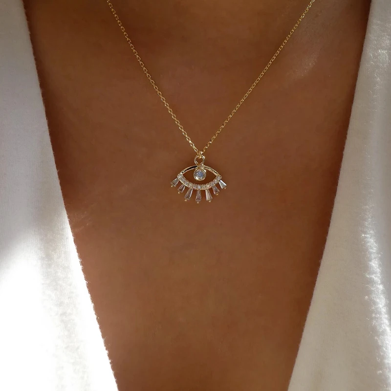 

women wholesale fashion gold plated rhinestone evil eye pendant necklace