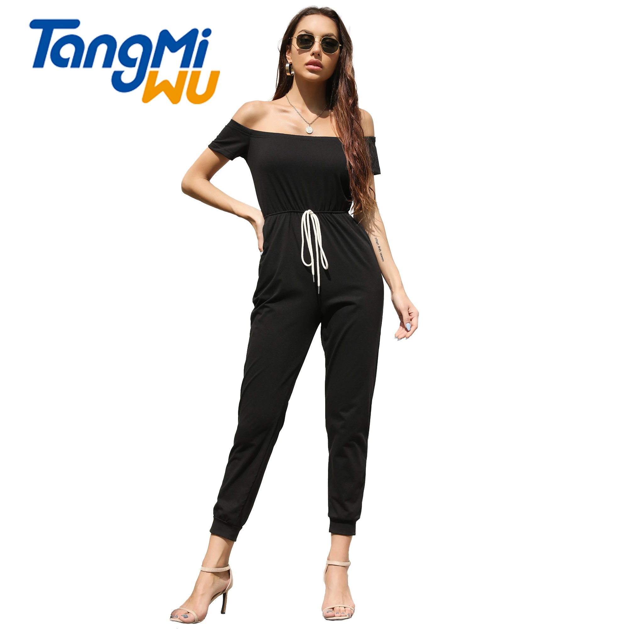 

2021 summer new style one shoulder short-sleeved strapping solid casual summer black jumpsuit women 2020 elegant