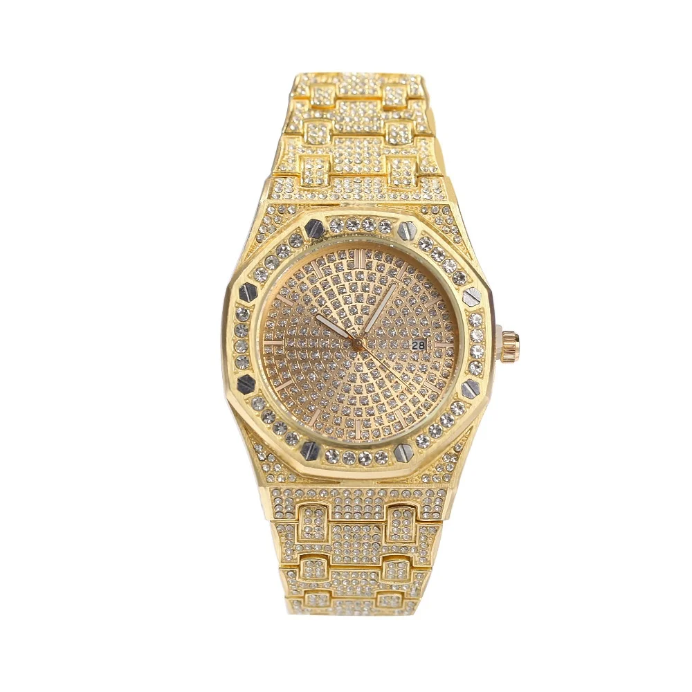 

2021 new arrival Western style New diamond hip hop style alloy 18k gold plating fashion big dial men calendar quartz watch, Gold siver