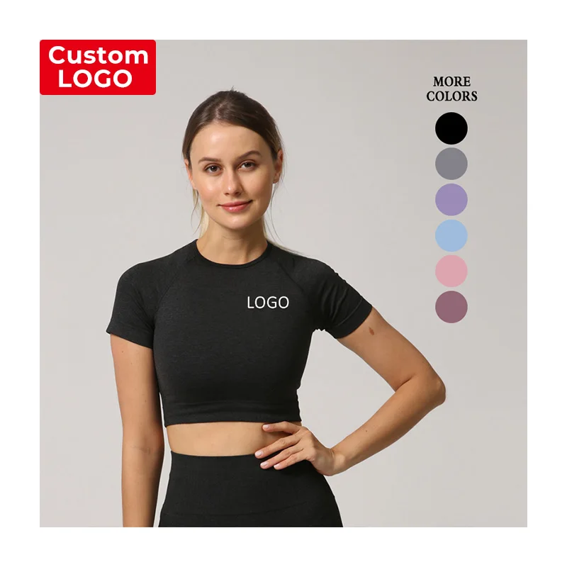 

High quality breathable mesh yoga active wear set biker design oem Custom Logo Yoga Short Sleeve, 6 colorways in stock