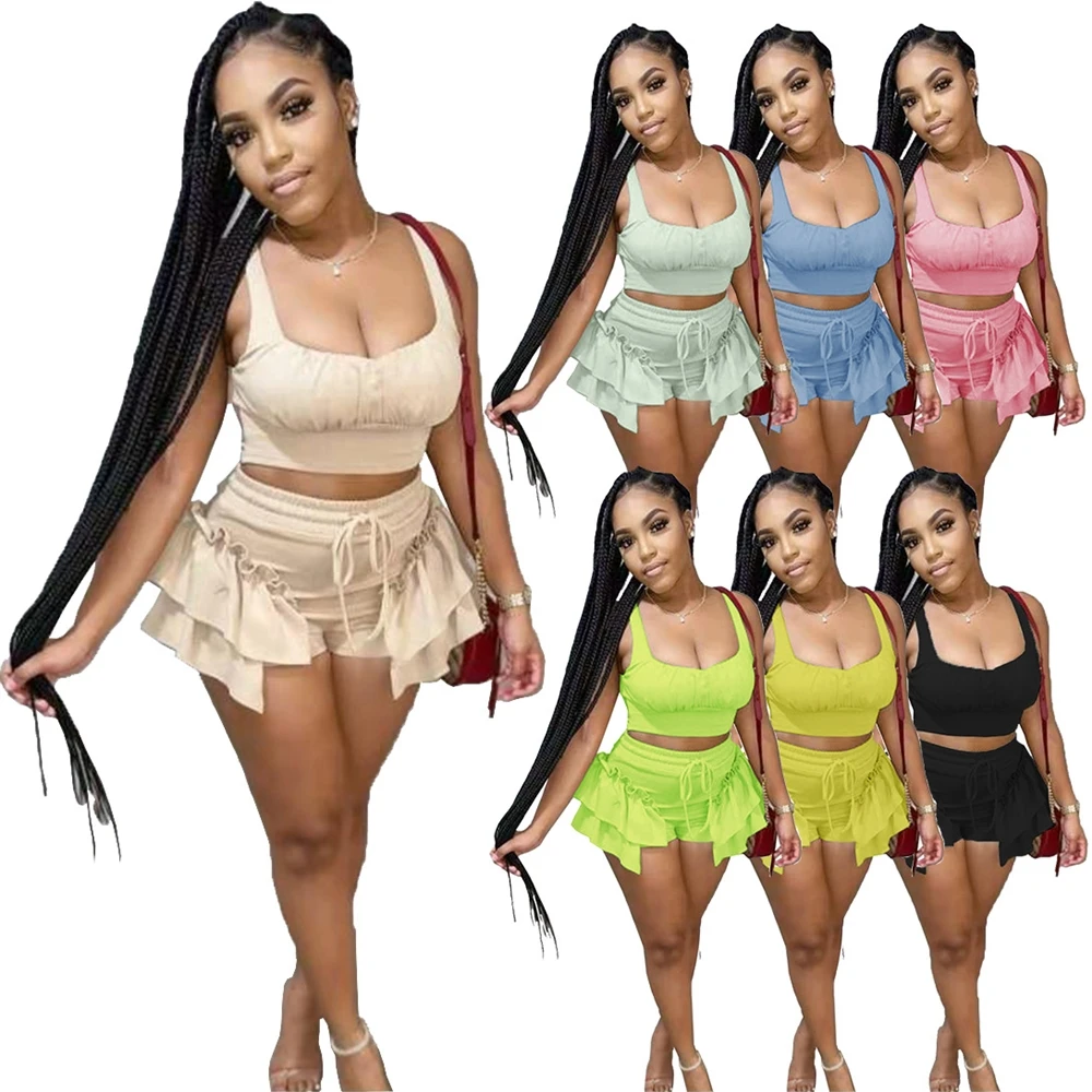 

MD-202Fashion Summer Sexy Two Piece Sets Women Crop Top And Drawstring Ruffles Shorts Matching Set Womens Tracksuits 2 Piece Set