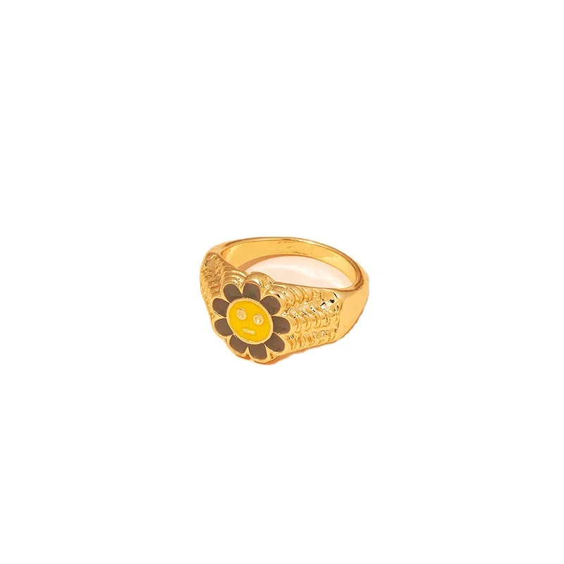 

2021 Ins Simple Fashion Flower Smiley Chunky Colorful Gold Ring Cute Funny Face Ring For Women, Like picture