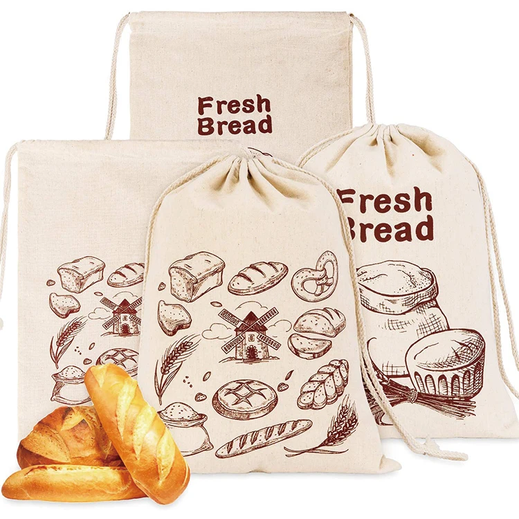 

Custom Printing Large Size Organic Cotton Drawstring Eco Friendly Bread Bags, Customized color