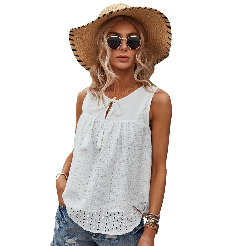 

Mutongyi Creative Design O-Neck with Drawstring Sleeveless T-shirt Tops Woman White Tshirt