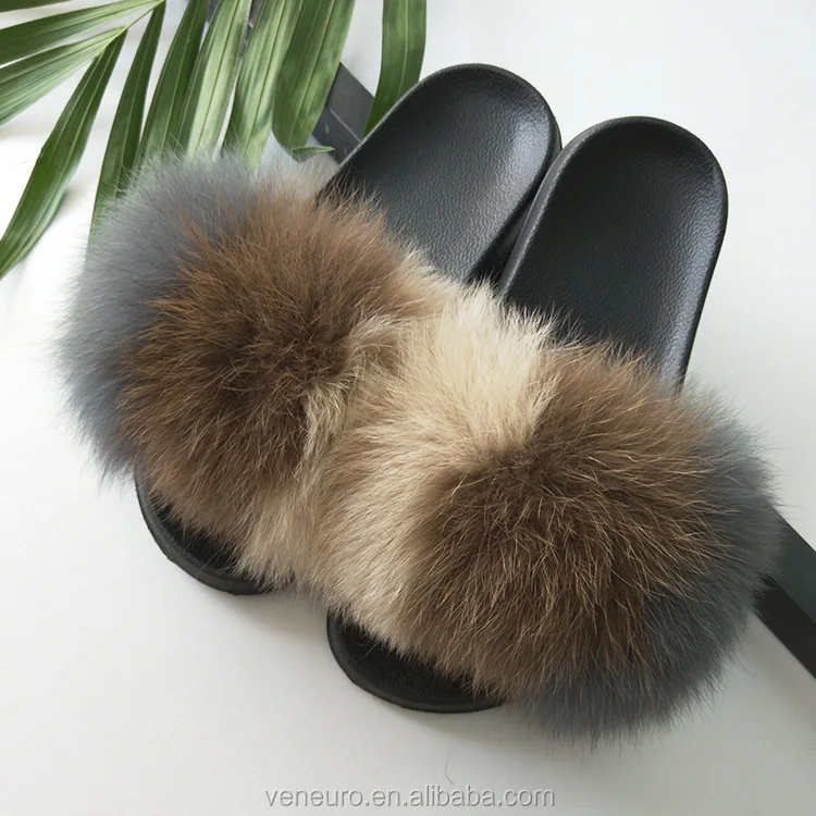 

2020 Custom Fashion Fur Sandals Shoes Luxury Outerwear Summer Kid Raccoon Fur Slippers Women Real Fox Fur Slides, Customized color