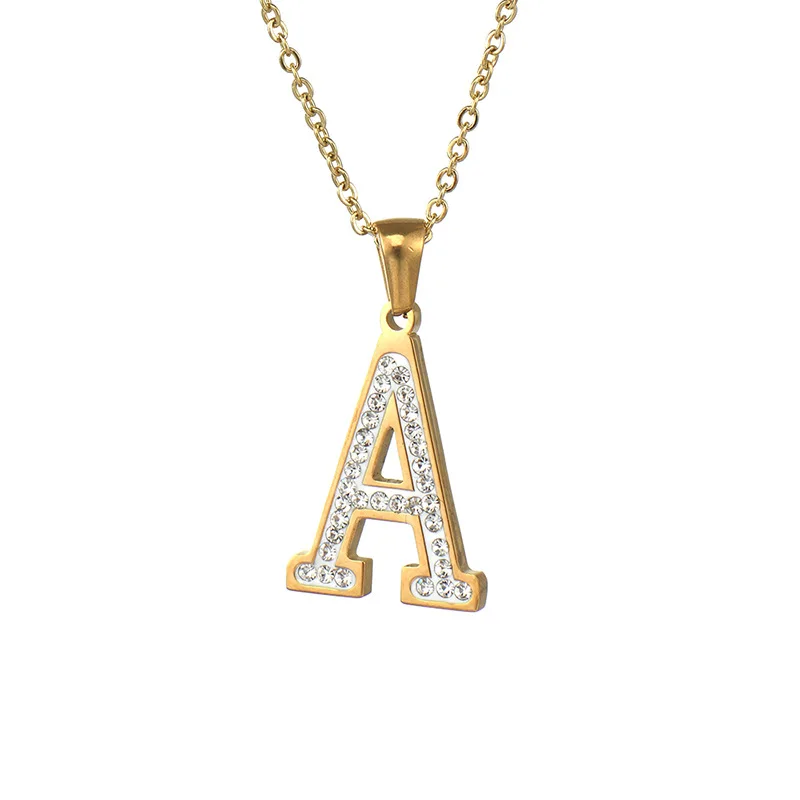 

High Polished 18K Gold Plated White Diamond Stainless Steel Alphabet Initial 26 Letter A Pendant Jewelry Necklace For Women