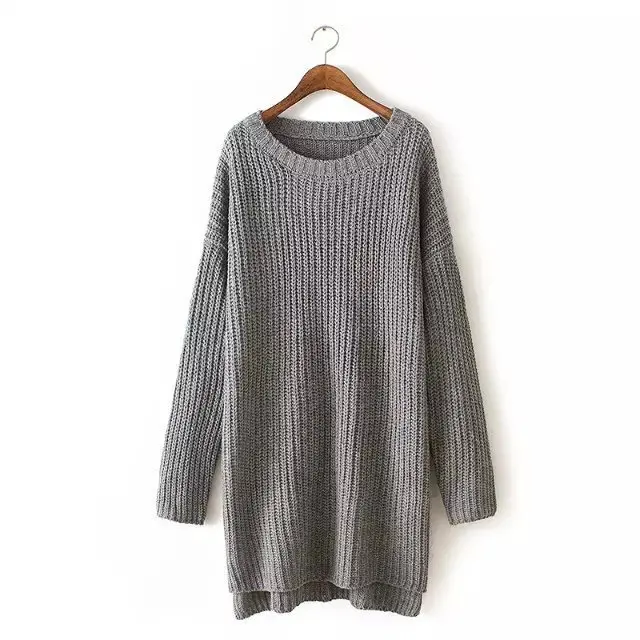 

Stylish medium length knitted dress girls sweater round neck pullover sweater, Gray