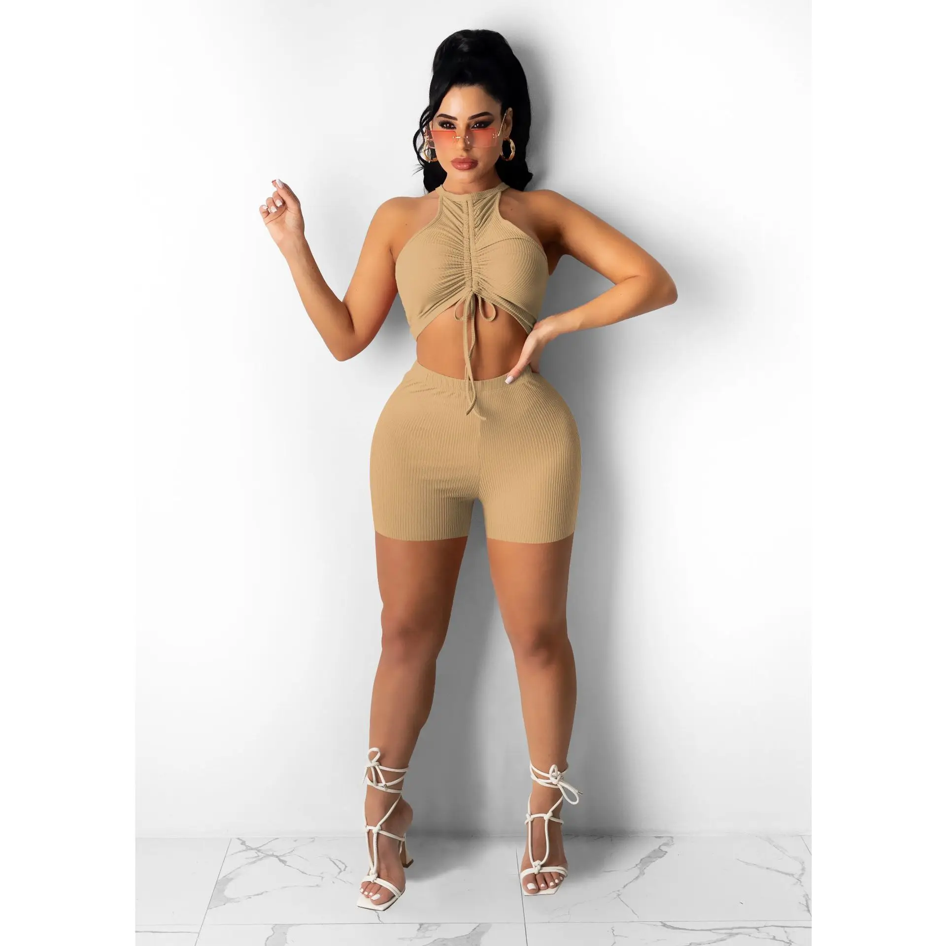 

W8209 Hot sell sleeveless summer outfits pleated lace up crop top womens 2 piece outfit solid color ribbed 2 piece set women