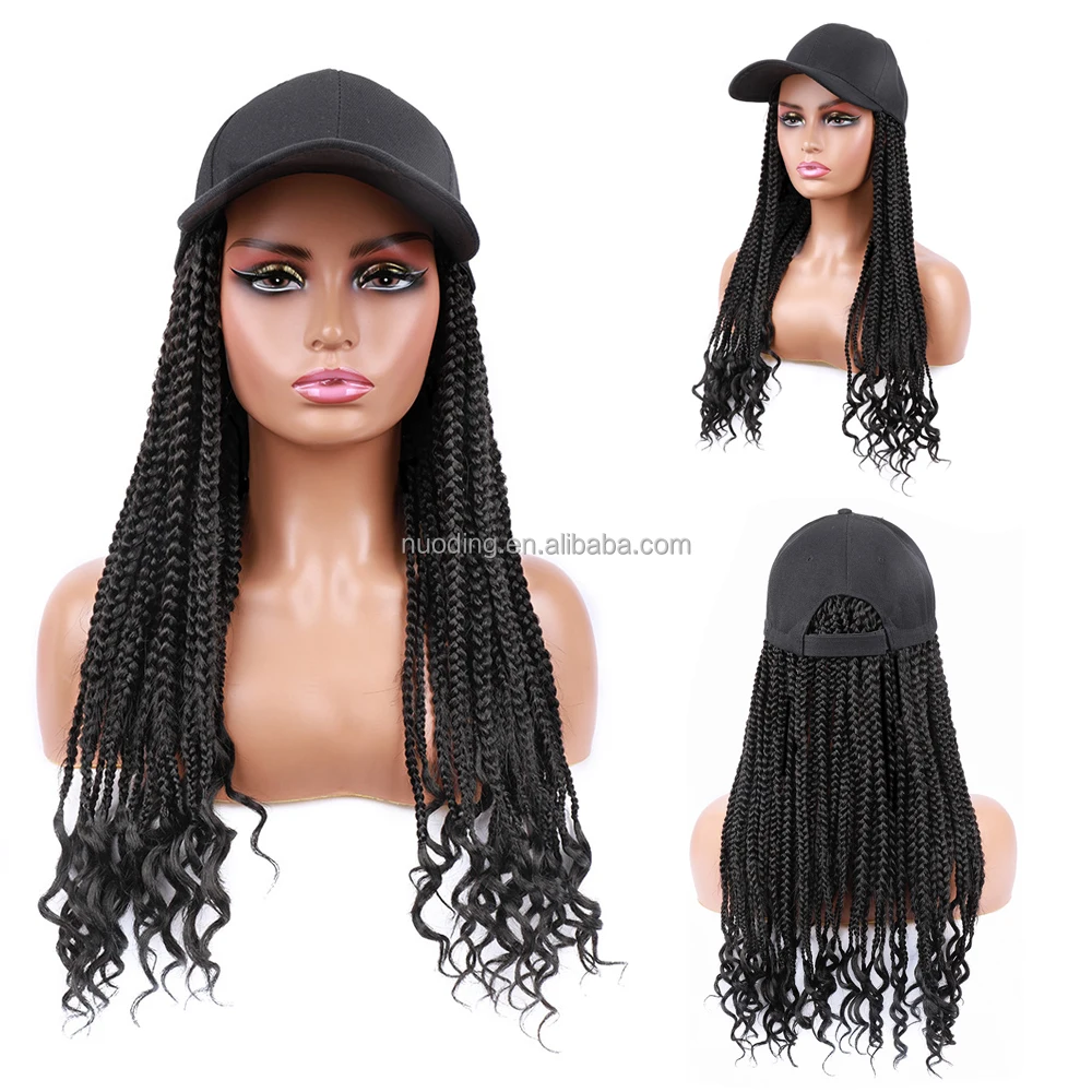 

New arrival colorful 24inch curly ends braid hair headgear hat wigs braiding crochet black cap premium low temperature fiber