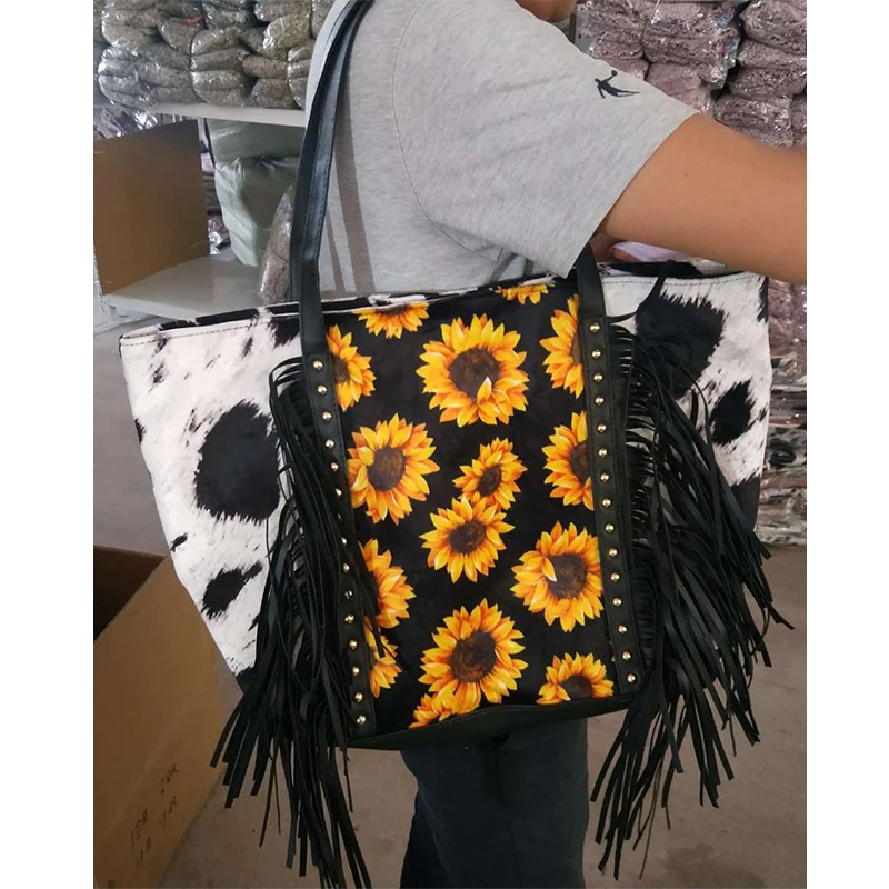 

Casual Fashionable Cowhide Sunflower Leopard Rainbow Print With Fringe Totes Women Tassel Handbags Rivet Travel Weekenders, As pictures