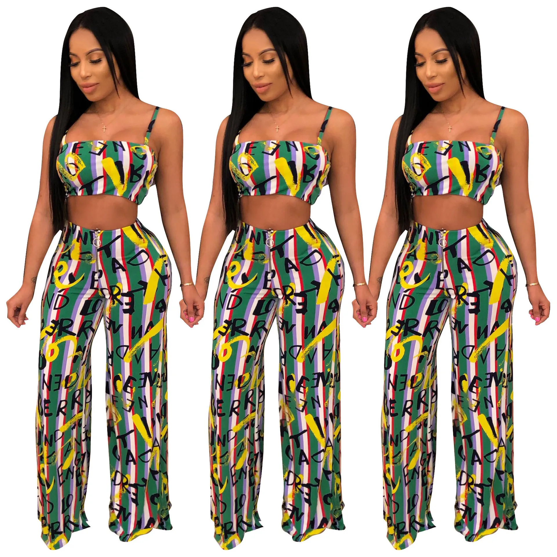 

91110-SW1 spaghetti strap tube top letter print flare pants woman for sehe fashion, Pic color