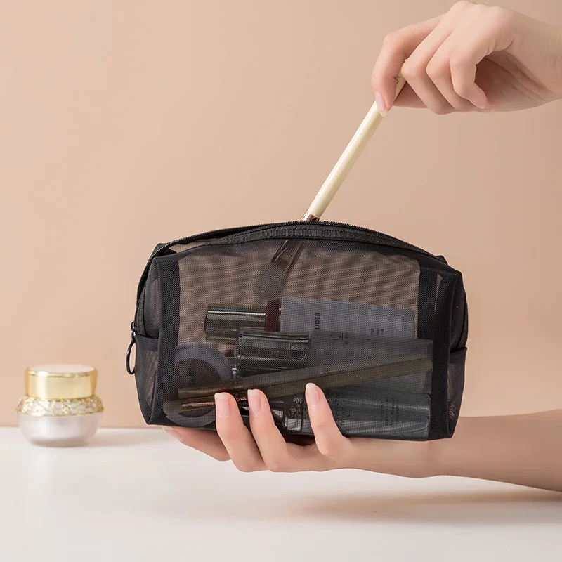 

Custom Cosmetic Bag Nylon Transparent Storage Makeup Pouch Customized Black Mesh Cosmetic Bag, As picture or customized