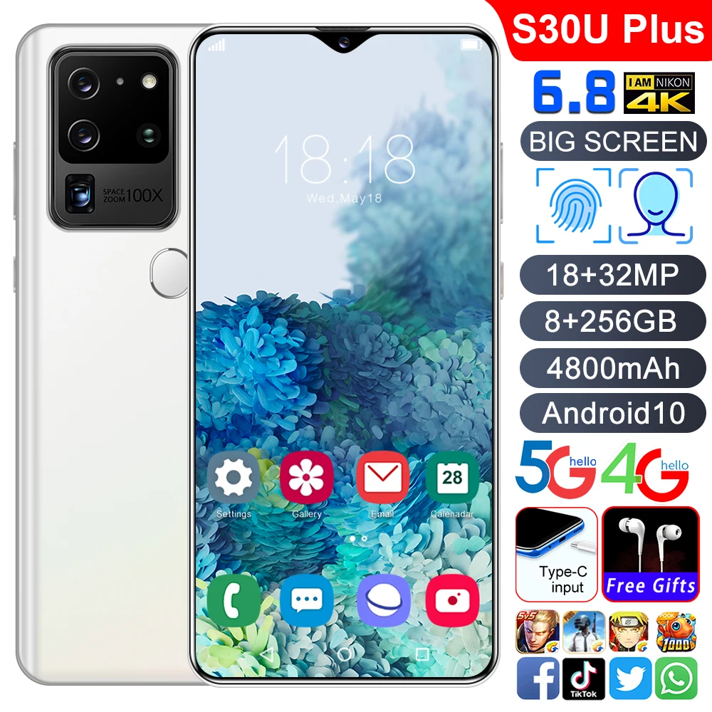 

S30U plus Factory direct real 6.8inch 4G LTE unlocked 8GB+256GB Android 5G smart phone mobile phone fingerprint unlock telephone, Black,white ,blue