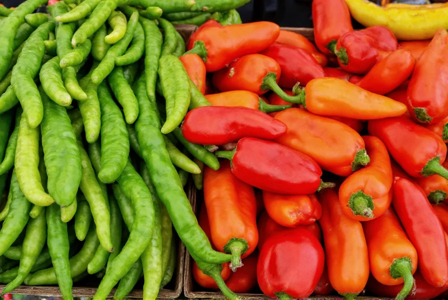Flat iron peppers displayed at farmers market alongside other pepper varieties, showing different color stages from green to red