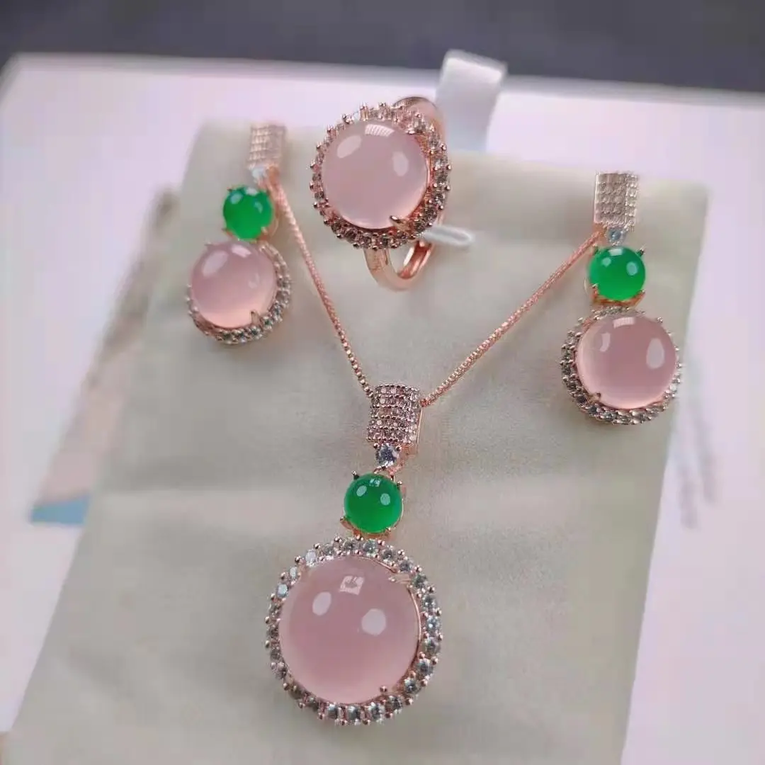 

Certified High Ice S925 Silver Rose Gold Inlaid Green Chalcedony Pendant Set Rings Necklace Ear Stud Ornament