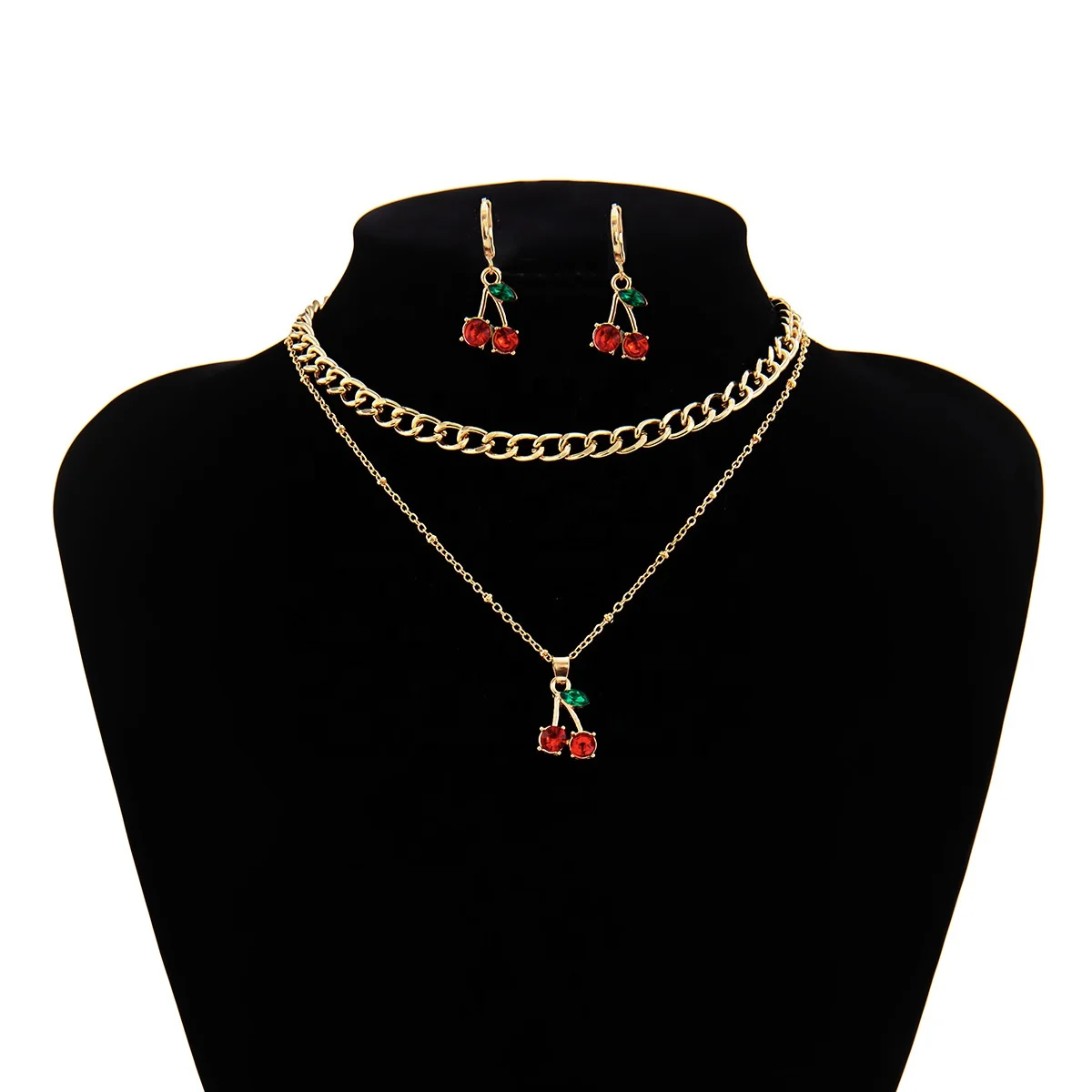 

Fashion Charm Cherry Crystal Pendant Necklace for Women Gold Color Twisted Chain Necklace Earrings Set Wedding Jewelry Gift, Customized color