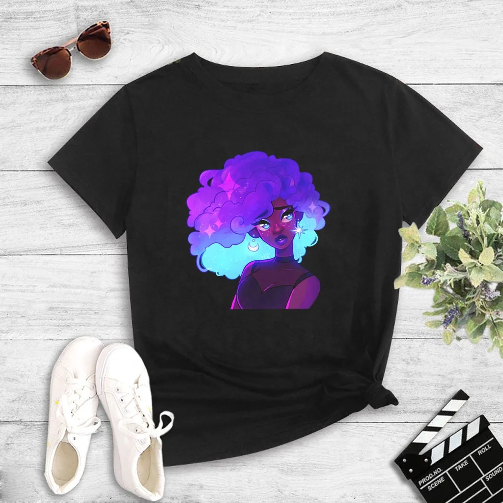 

Wholesale Summer Women Print T-shirt Aesthetic Ladies African Melanin Queen Loose Fit Custom Graphic Tees, Black white gray dark blue red