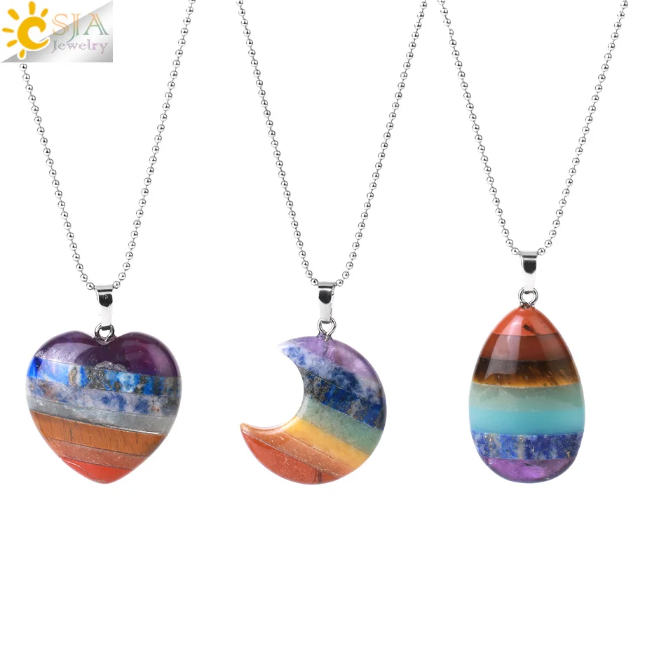 

CSJA Wholesale Crescent Moon Heart Water Drop Healing 7 Chakra Natural Crystal Necklaces Pendant Jewelry H096