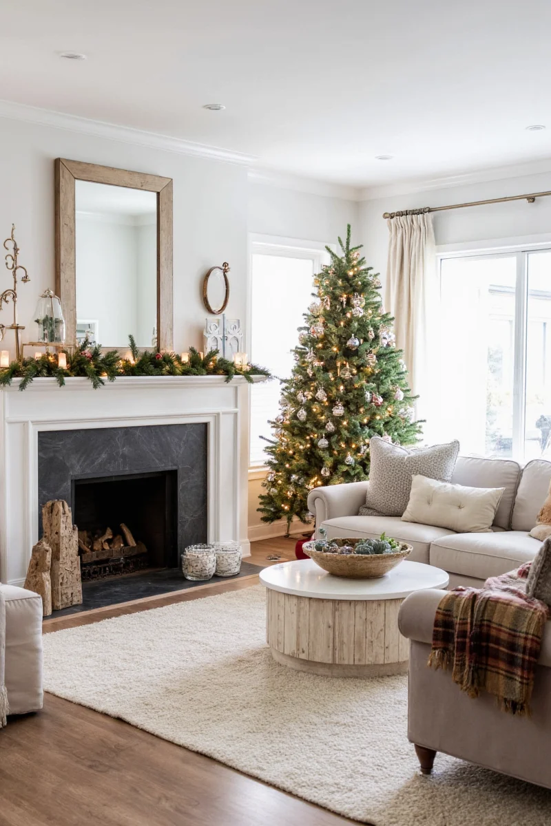 Plush rug with jingle bell accents in Christmas living room