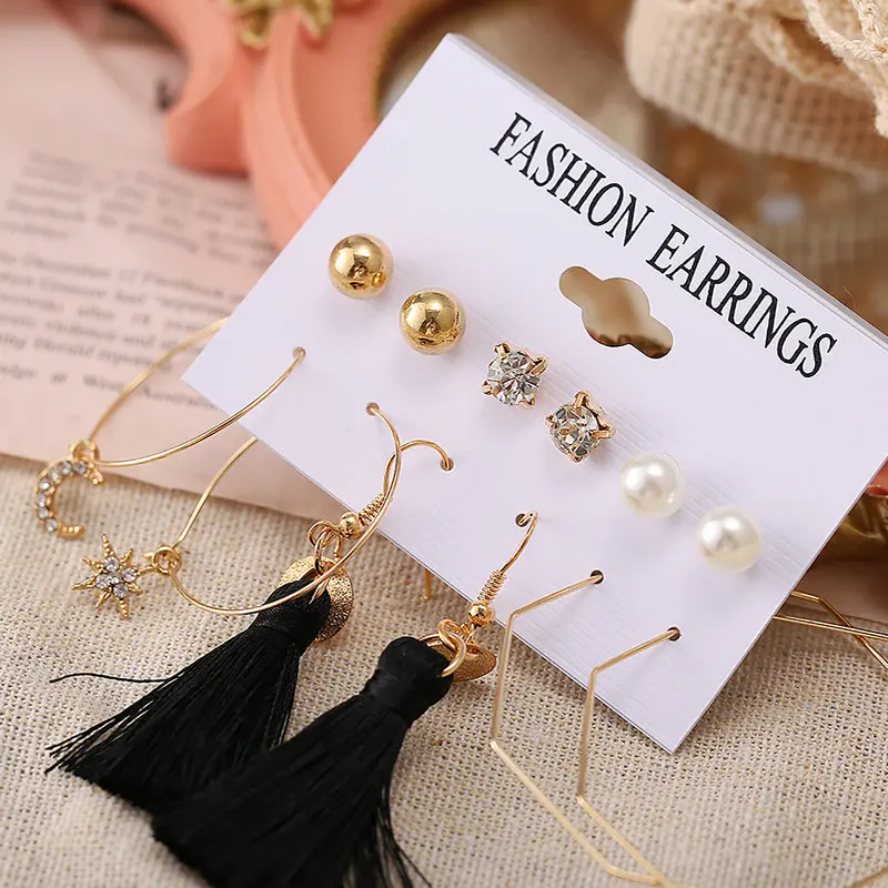 

5010151 New Arrival Retro Alloy Women Earrings Set Minimalist Geometric Star Moon Tassel Earrings