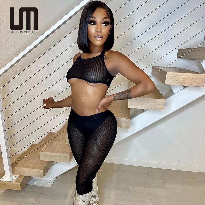 

Liu Ming Women Sexy Summer Mesh 2 Pieces Sheer Crop Tops High Waist Leggings Set, Customized color