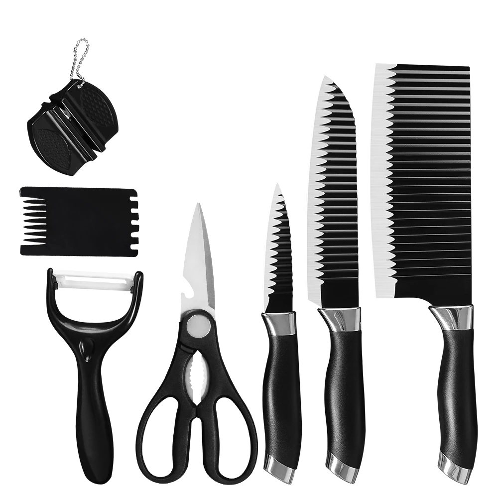 

Amazon hot non stick line black plastic handle sharp stainless steel 7pcs knives cleaver kitchen black knife set with gift box