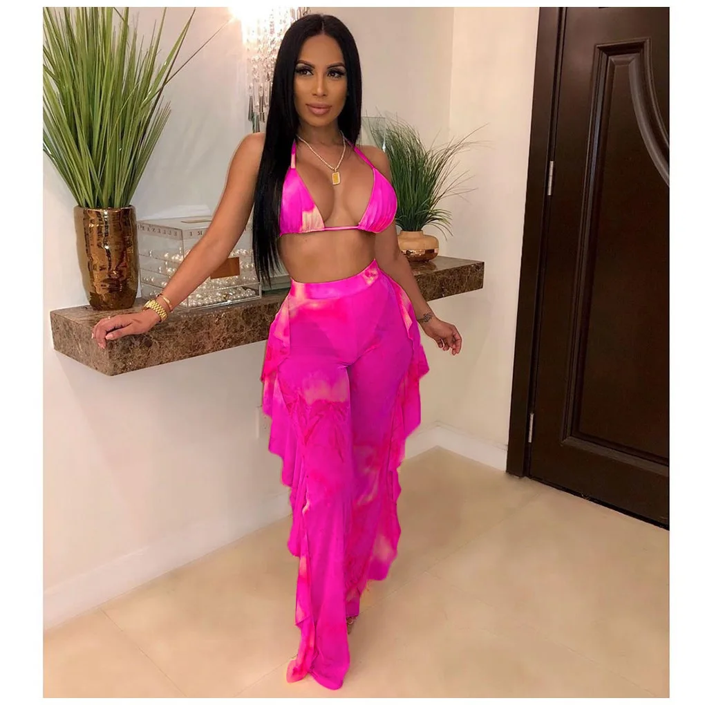 

Factory Price Mature Women's Digital Print Transparent Mesh 3 Piece Bikini Set beachwear 2021 bikini set