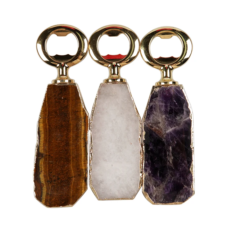 

Wedding Party Customized Logo Gemstone Tiger Eye Amethyst Rose Clear Quartz Crystal Beer Bottle Opener, Natural color