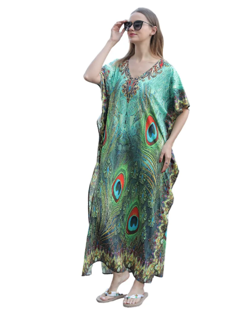 

Beautiful Peacock Feathers Designer Print Robes Comfortable Fabric Beach Dress Casual Dress