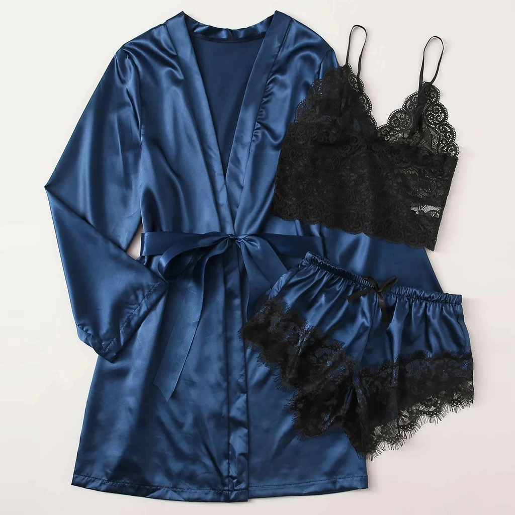 

Women Lace V Neck Satin Clothing 3 Pieces Long Sleeve Nightwear Sexy Sleeping Dress Pajamas, Picture shows