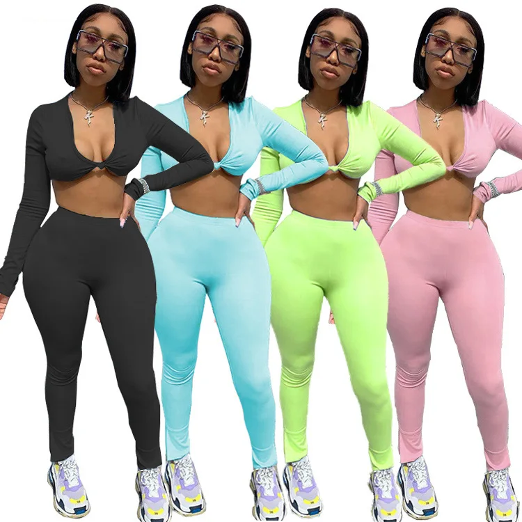

2022 Wholesale New V-neck Solid Color Sexy High Waist Long Sleeve Crop Top Set Women Casual Two Piece Tight Set, Picture
